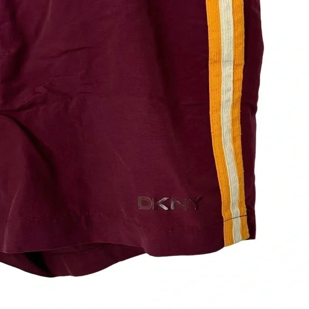 DKNY L mens‎ maroon swimming trunks with yellow + white racing stripes